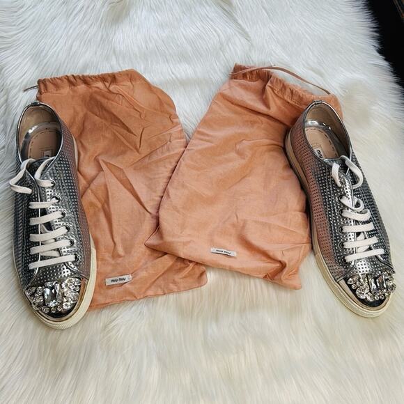 Miu Miu Silver Perforated Leather Crystal Toe Cap Sneakers - Picture 10 of 12